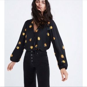 Madewell Silk Black and Floral Wrap Top